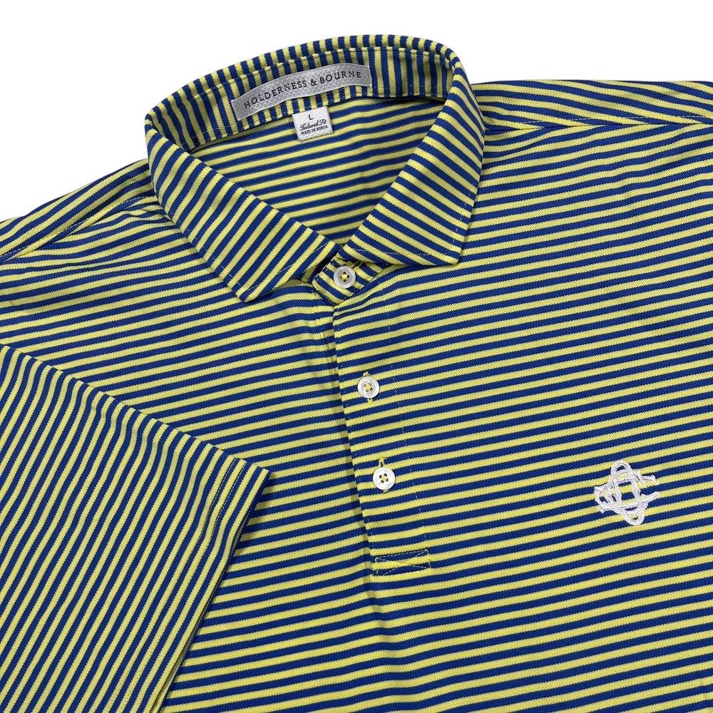 Holderness & Bourne Maxwell Polo Men Large Blue Yellow Striped Golf Shirt